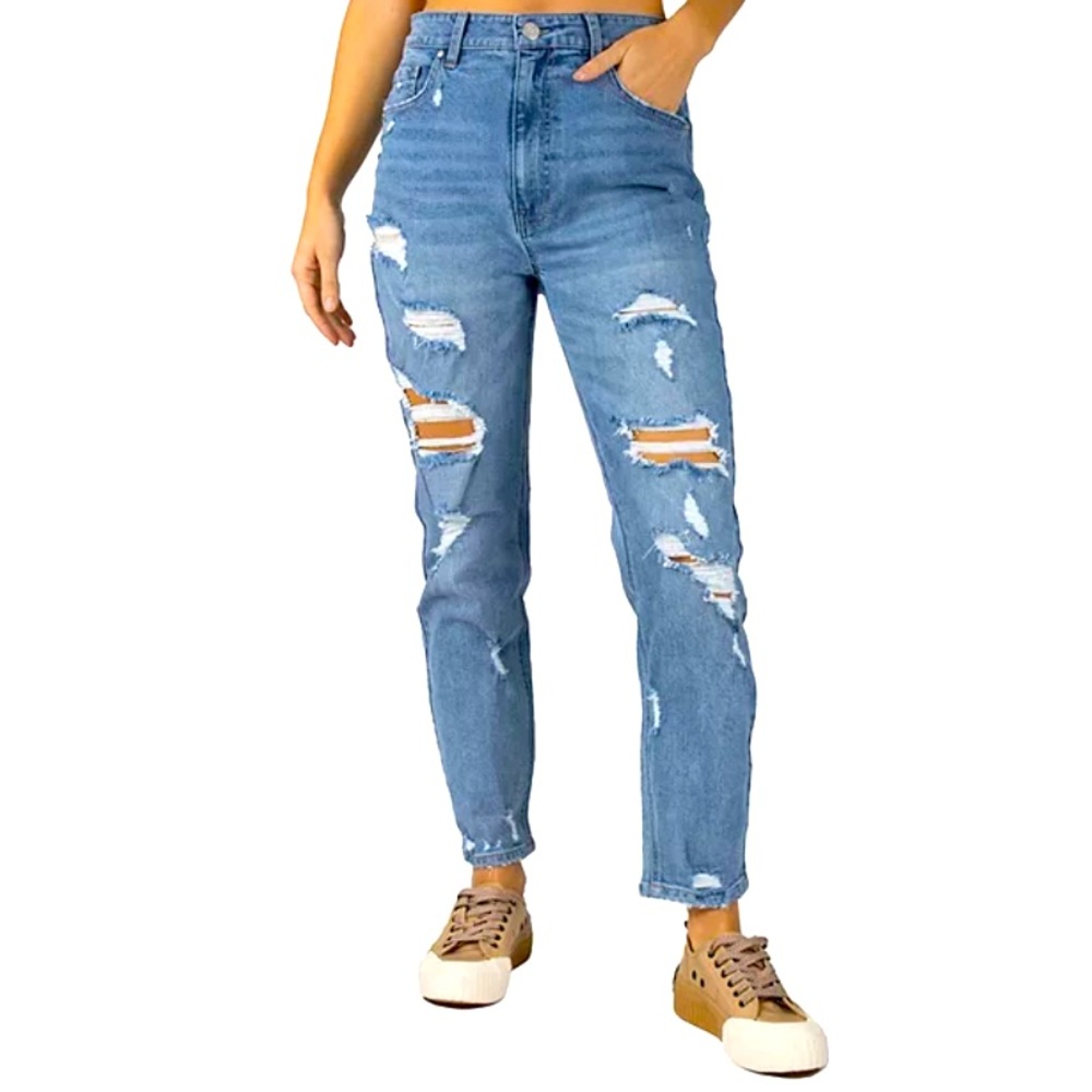 Juniors Indigo Rein High Rise Mom Jeans Size 7 Distressed